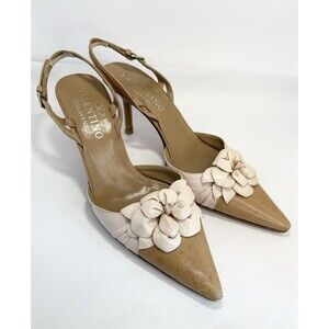 Valentino Garavani Pink & Tan Floral Applique Slingback Heels Vintage Y2K EU 37